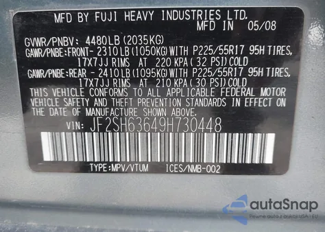 2009 Subaru Forester 2.5X z USA, uszkodzony, nr VIN JF2SH63649H730448